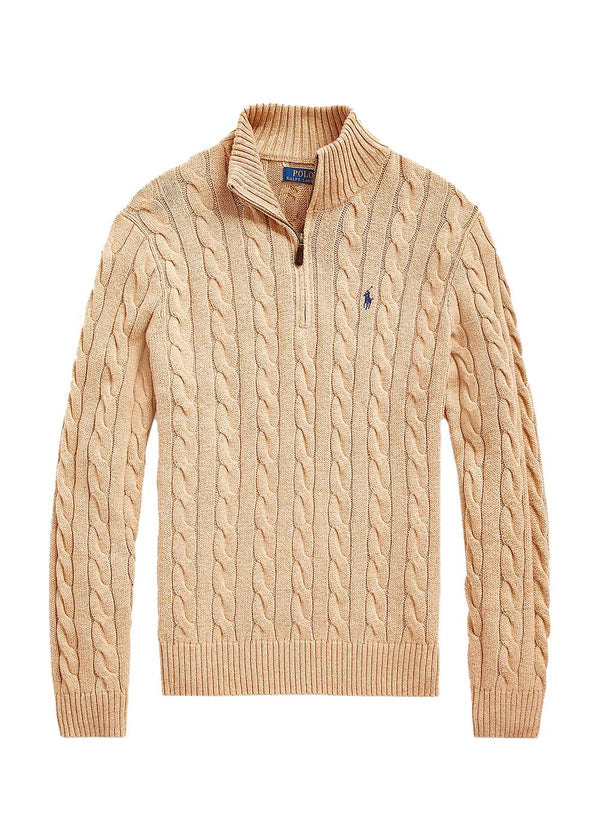 Cable Knit Cotton Quarter Zip Sweater - Brown-Knitwear-Ralph Lauren-Butler Loftet