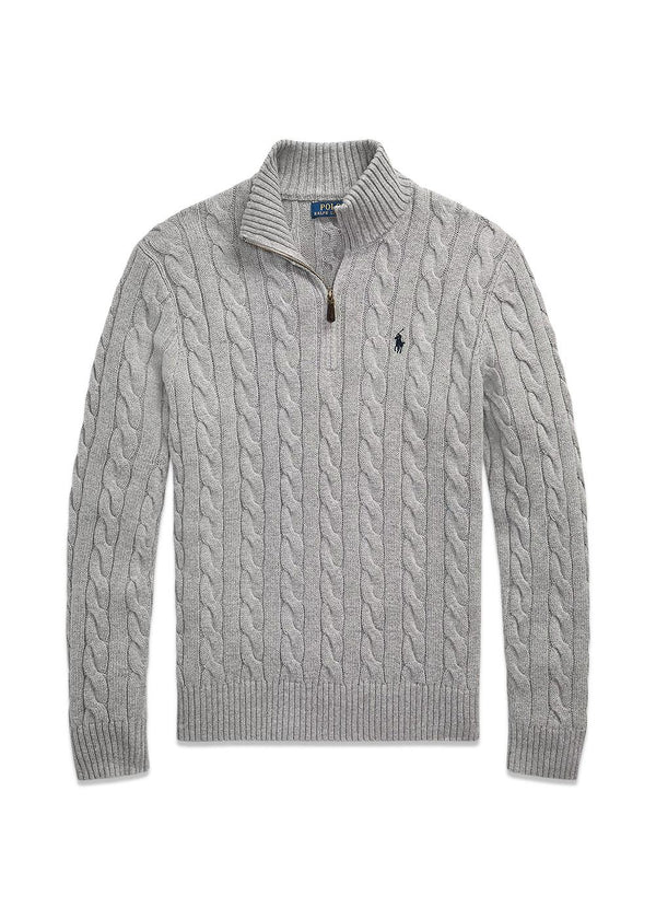 Cable Knit Cotton Quarter Zip Sweater - Grey-Knitwear-Ralph Lauren-Butler Loftet