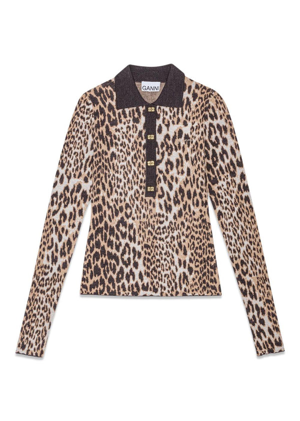 Fine Merino Jacquard Leopard Polo - Leopard-Knitwear-Ganni-Butler Loftet