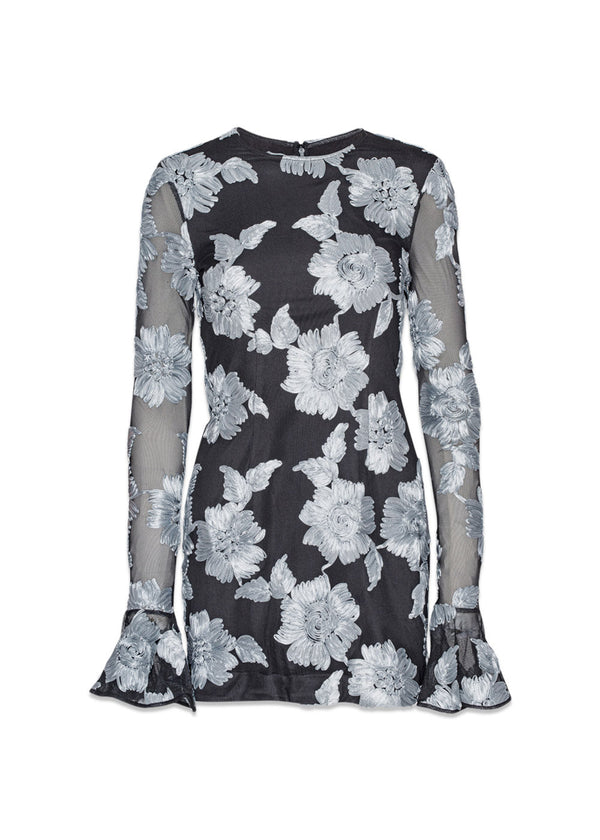 Flower Mesh Ls Mini Dress - Gray Pinstripe Comb.-Dress-Rotate-Butler Loftet
