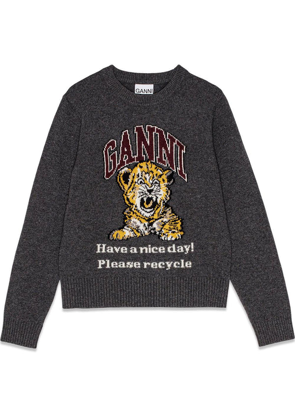 Graphic Wool Mix Tiger Crewneck - Gray Quill-Knitwear-Ganni-Butler Loftet