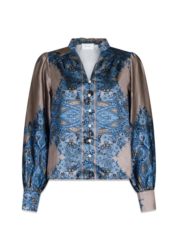 Massima Paisley Border Blouse - Blue-Blouses-Neo Noir-Butler Loftet