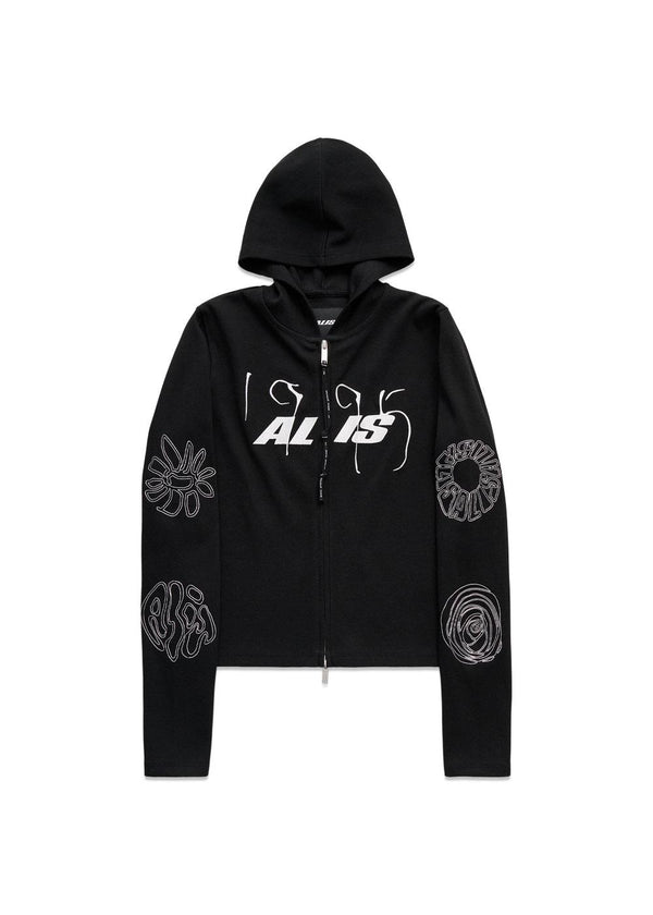 NORTEY RIB JERSEY HOODIE W/ ZIPPER & EMBROIDERY - Solid Black-Hoodies-ALIS-Butler Loftet