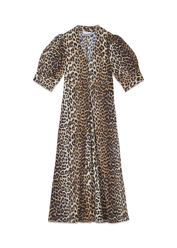 Printed cotton poplin V-neck - Leopard-Dress-Ganni-Butler Loftet