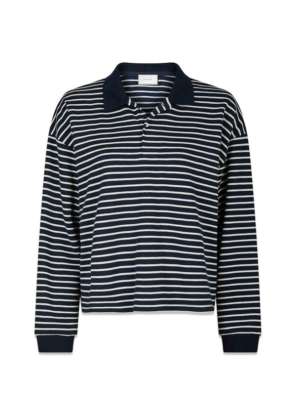 Sara Stripe Polo Blouse - Navy-Blouses-Neo Noir-Butler Loftet
