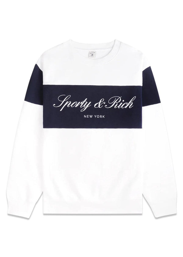 Signature Logo Block Crewneck - White/Dark Navy-Sweatshirts-Sporty & Rich-Butler Loftet