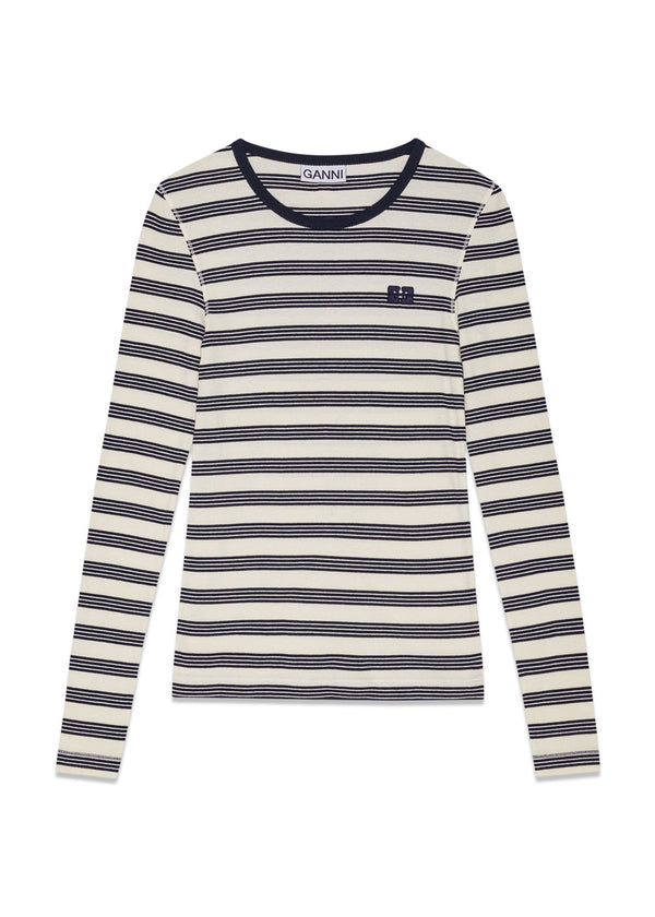 Striped Soft Cotton Rib Long Sleeve T-Shirt - Sky Captain-Long-sleeved T-shirts-Ganni-Butler Loftet