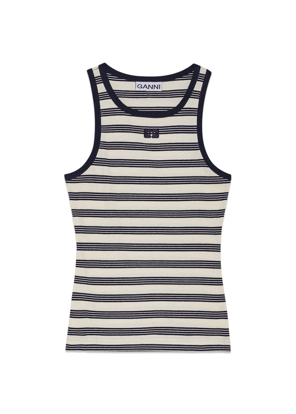 Striped Soft Cotton Rib Tank Top - Sky Captain-Top-Ganni-Butler Loftet