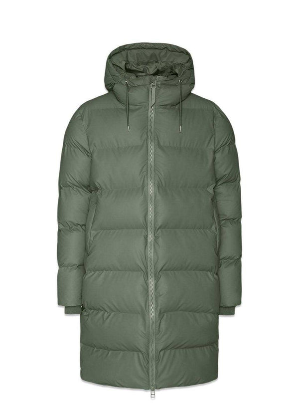 Rains' Long Puffer Jacket - Olive. Køb dunjakker her.