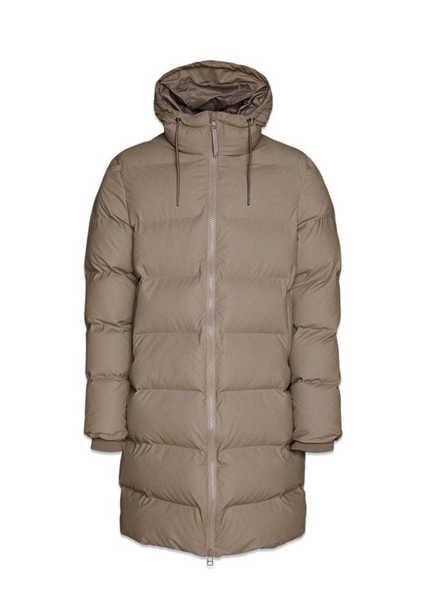 Rains' Long Puffer Jacket - Taupe. Køb dunjakker her.