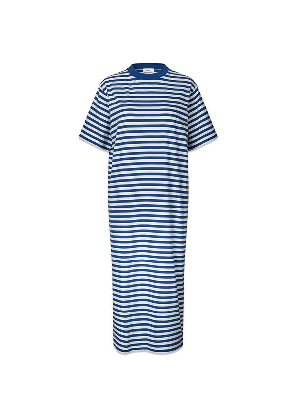 Mads Nørgaards Single Organic Nou Dress Stripe - Estate Blue/Cloud Dancer. Køb kjoler her.